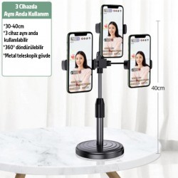 Tripod Üçlü Telefon Tutucu Stand Youtuber, Canlı Yayın Selfie Tiktok Makeup (Siyah)