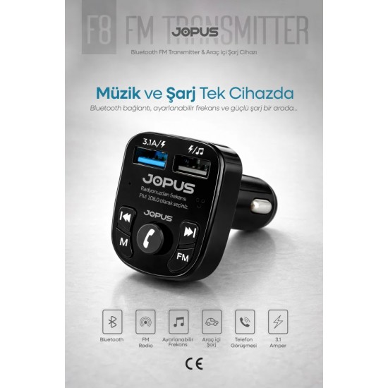 Jopus F8 Bluetooth FM Transmitter ve Araç İçi Şarj Cihazı