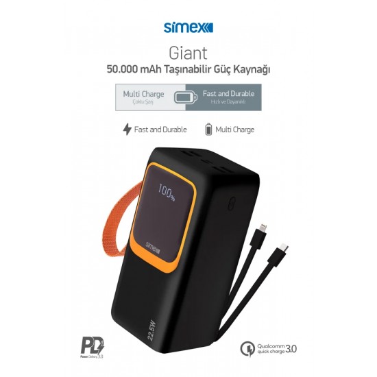 Simex Giant 50.000 mAh 22.5W Hızlı Şarj PD 3.0 ve QC 3.0 Powerbank