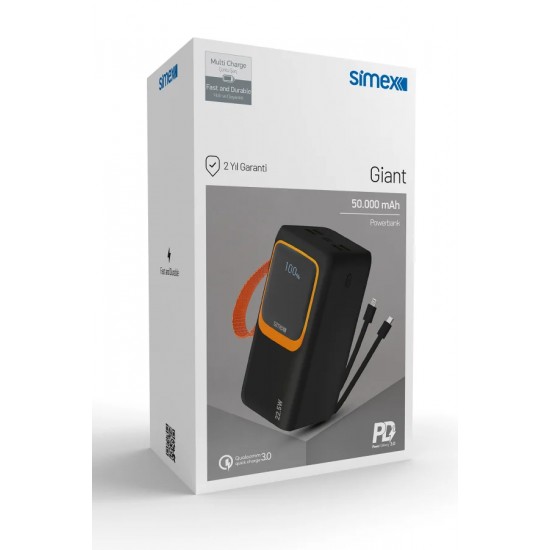 Simex Giant 50.000 mAh 22.5W Hızlı Şarj PD 3.0 ve QC 3.0 Powerbank