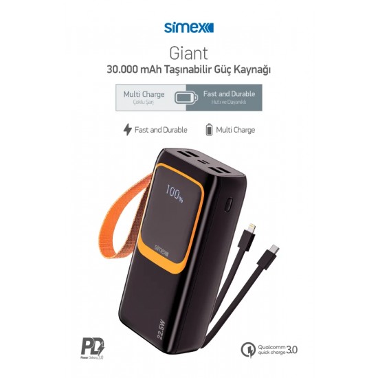 Simex Giant 30.000 mAh 22.5W Hızlı Şarj PD 3.0 ve QC 3.0 Powerbank
