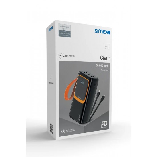 Simex Giant 30.000 mAh 22.5W Hızlı Şarj PD 3.0 ve QC 3.0 Powerbank