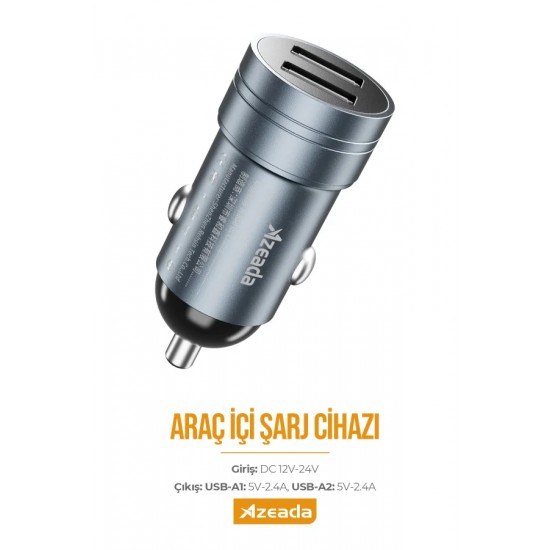 Azeada Mintone Serisi 15W Çift USB Girişli Araç Şarj Cihazı (Gri)