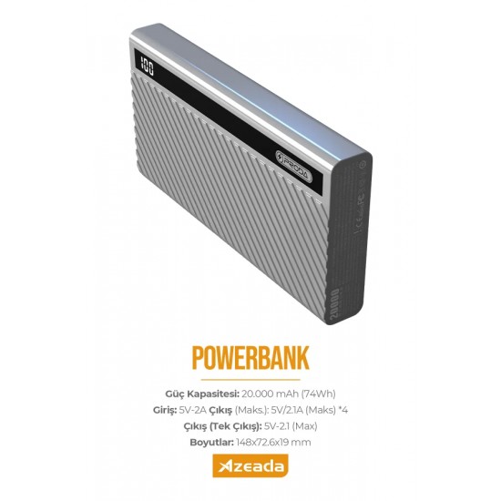 Azeada Proda Castel Serisi 20.000 mAh 4 USB Çıkışlı Led Göstergeli Powerbank (Beyaz)