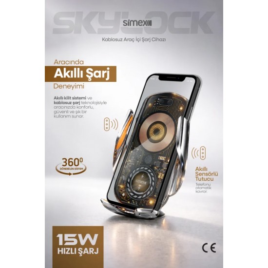 Simex Skylock 15W Kablosuz Hızlı Şarj Cihazı ve Akıllı Telefon Tutucu