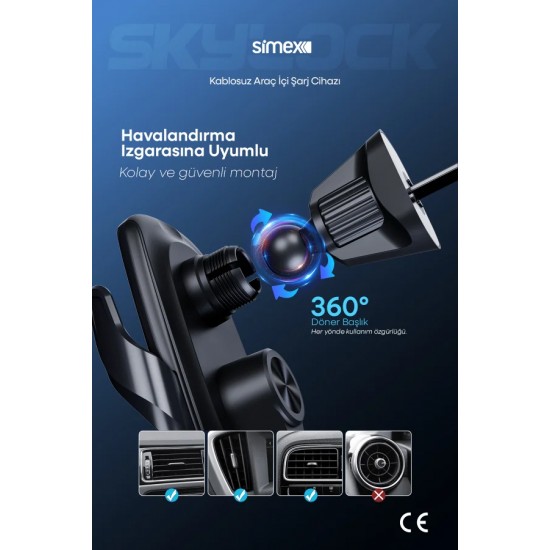 Simex Skylock 15W Kablosuz Hızlı Şarj Cihazı ve Akıllı Telefon Tutucu