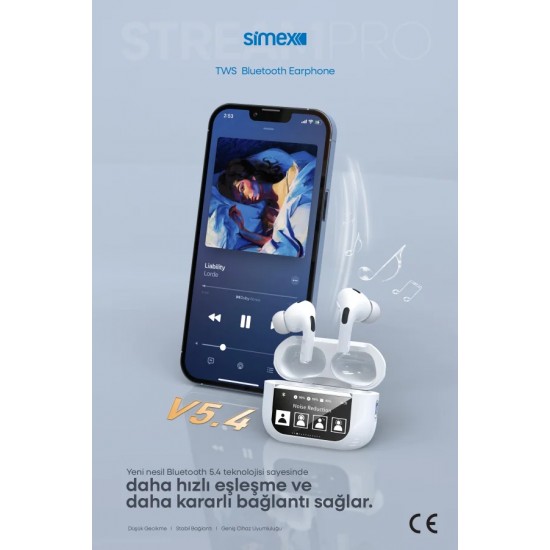 Simex Stream Pro Dokunmatik Ekranlı TWS Bluetooth 5.4 Kulaklık - ANC & ENC Destekli
