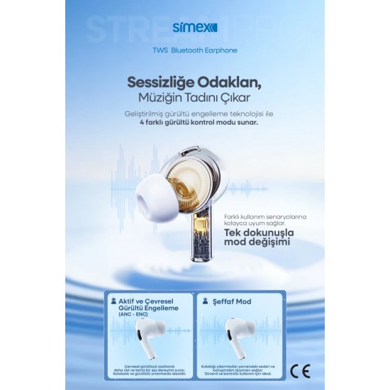 Simex Stream Pro Dokunmatik Ekranlı TWS Bluetooth 5.4 Kulaklık - ANC & ENC Destekli