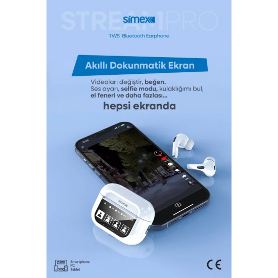Simex Stream Pro Dokunmatik Ekranlı TWS Bluetooth 5.4 Kulaklık - ANC & ENC Destekli