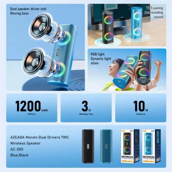 Azeada AZ-S03 Morein Dual RGB Bluetooth Hoparlör (Mavi)