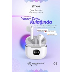 Simex Quantum Ai Yapay Zekalı Bluetooth Kulaklık TWS Dijital Göstergeli (Beyaz)