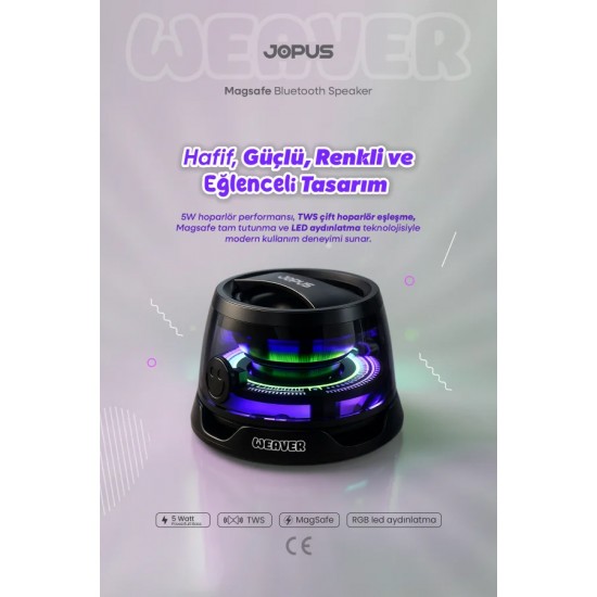 Jopus Weaver Magsafe Destekli 5W RGB LED Işıklı Manyetik Kablosuz Bluetooth Hoparlör