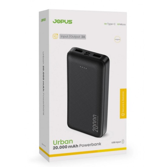 JOPUS Urban 20.000 mAh 2A Çift USB Çıkışlı Type-C ve Micro Girişli LED Göstergeli Powerbank (Siyah)