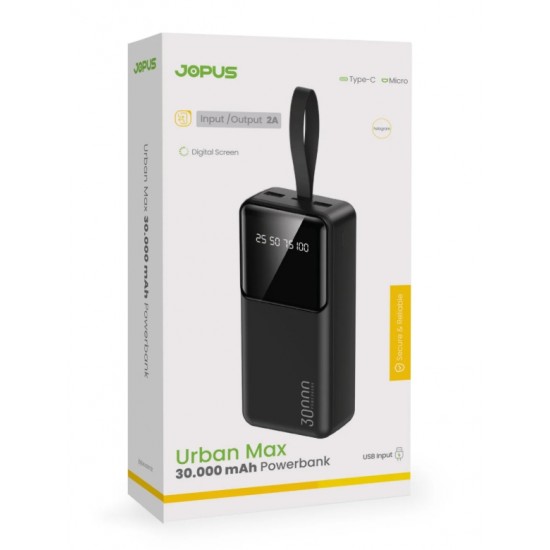 Jopus Urban Max 30.000 mAh Dijital Ekranlı Çift Girişli Powerbank (Siyah)