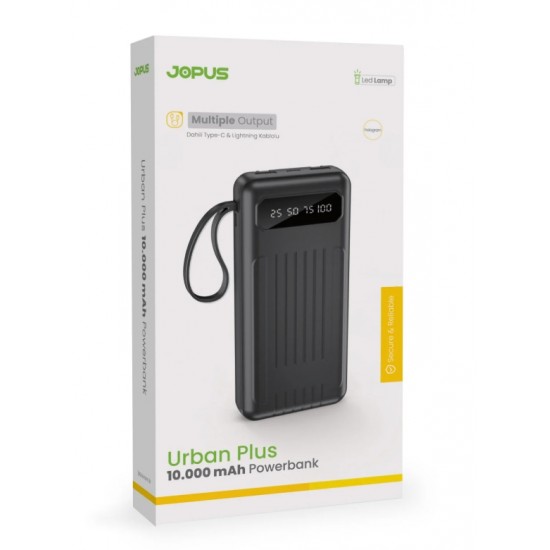 Jopus JP-P11 Urban Plus 10000 mAh Dahili Kablolu ve El Fenerli Dijital Göstergeli Powerbank (Siyah)