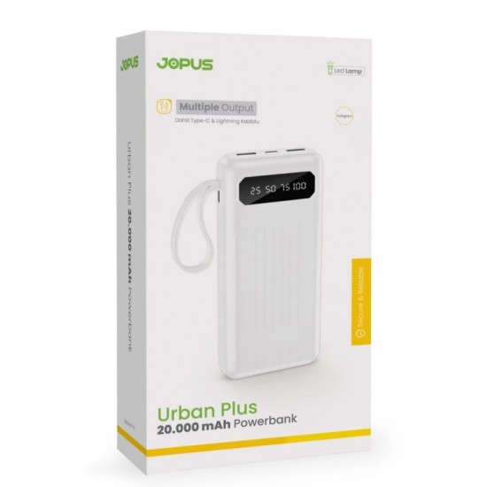 Jopus JP-P11A Urban Plus 20000 mAh Dahili Kablolu ve El Fenerli Dijital Göstergeli Powerbank (Beyaz)