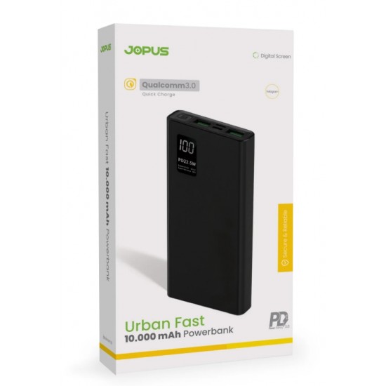 Jopus JP-P12 Urban Fast 10.000 mAh 22.5W PD 3.0 Hızlı Şarj Dijital Göstergeli Powerbank (Siyah)