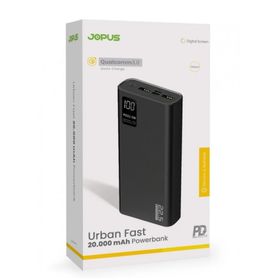 Jopus Urban Fast 20.000 mAh 22.5W PD 3.0 Hızlı Şarj Dijital Göstergeli Powerbank (Siyah)
