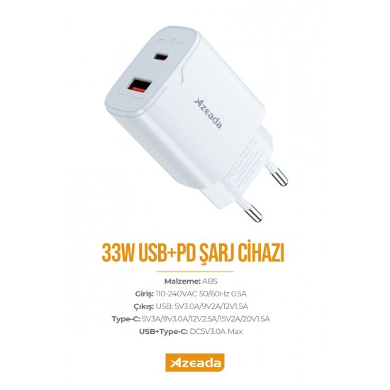 Azeada AZ-A15 33W GaN Hızlı Şarj Adaptörü (Beyaz) Azeada AZ-A15 33W GaN Hızlı Şarj Adaptörü (Beyaz)