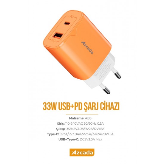 Azeada AZ-A15 33W GaN Hızlı Şarj Adaptörü (Turuncu) Azeada AZ-A15 33W GaN Hızlı Şarj Adaptörü (Turuncu)