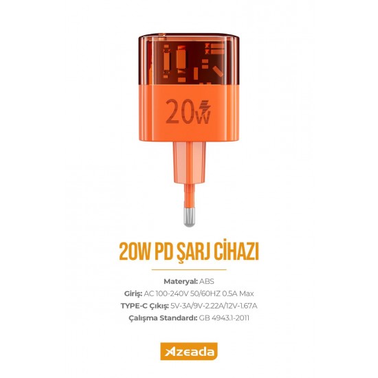 Azeada PD-A31 20W Hızlı Şarj Adaptörü (Turuncu) Azeada PD-A31 20W Hızlı Şarj Adaptörü (Turuncu)