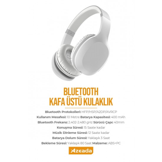 Azeada PD-BH500 Kablosuz Bluetooth Kulak Üstü Kulaklık (Beyaz)
