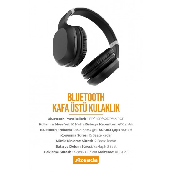 Azeada PD-BH500 Kablosuz Bluetooth Kulak Üstü Kulaklık (Siyah)
