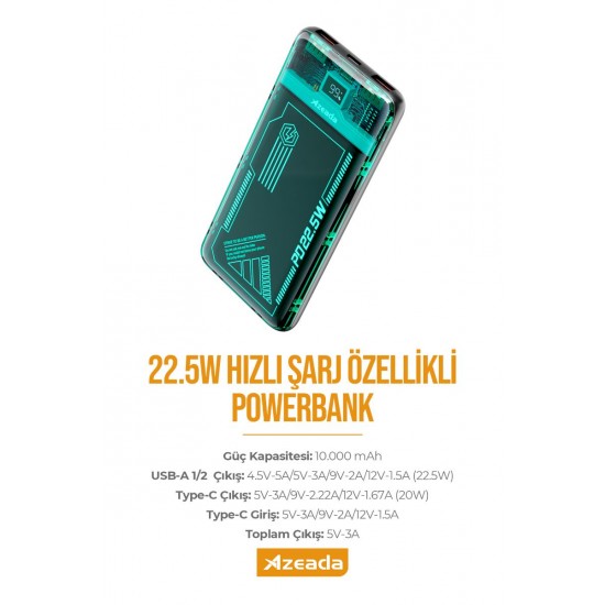 Azeada AZ-P17 22,5W 10000mAh Transparan Powerbank (Mavi) Azeada AZ-P17 22,5W 10000mAh Transparan Powerbank (Mavi)