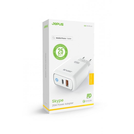 Jopus JO-S08 USB / PD 25W Hızlı Şarj Adaptörü (Beyaz) Jopus JO-S08 USB / PD 25W Hızlı Şarj Adaptörü (Beyaz)