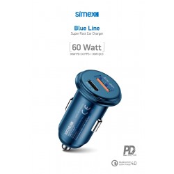 Simex M-30 Blue Line USB/PD Başlıklı 60W Metal Araç Şarj Aleti (Mavi)