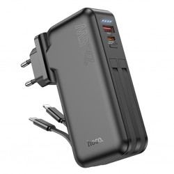 Hoco J126 USB-A+Type-C Çıkışlı Type-c+Lightning Kablolu 10000mAh Powerbank Şarj Aleti (Siyah)