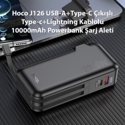 Hoco J126 USB-A+Type-C Çıkışlı Type-c+Lightning Kablolu 10000mAh Powerbank Şarj Aleti (Siyah)