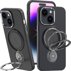 iPhone 14 Magsafe Uyumlu 360 Dönebilen Standlı Manyetik Silikon Kılıf (Siyah)