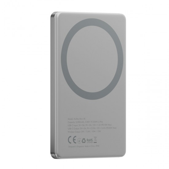 Energea AluPac Mini 5K 5.000 mAh 20W Type-C ve 15W Kablosuz Şarj Çıkışlı PD Hızlı Şarj Magsafe Powerbank (Gri)