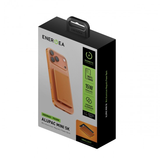 Energea AluPac Mini 5K 5.000 mAh 20W Type-C ve 15W Kablosuz Şarj Çıkışlı PD Hızlı Şarj Magsafe Powerbank (Turuncu)