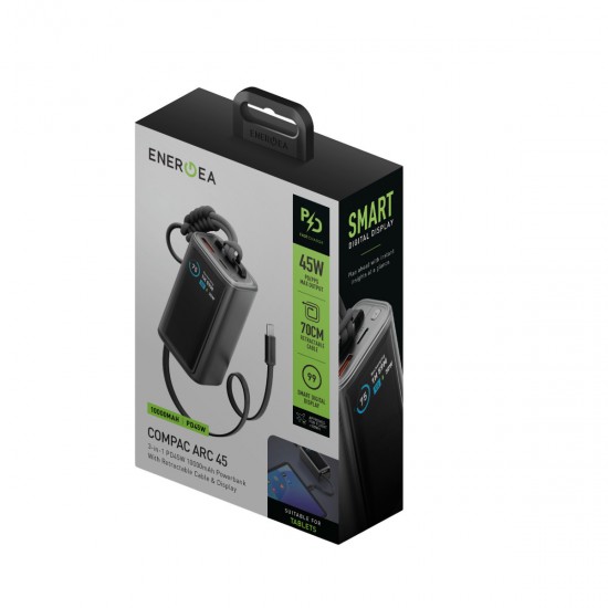 Energea ComPac Arc 45 Dijital Göstergeli 10.000 mAh Dahili Type-C Kablolu 45W PD Hızlı Şarj Powerbank (Siyah)