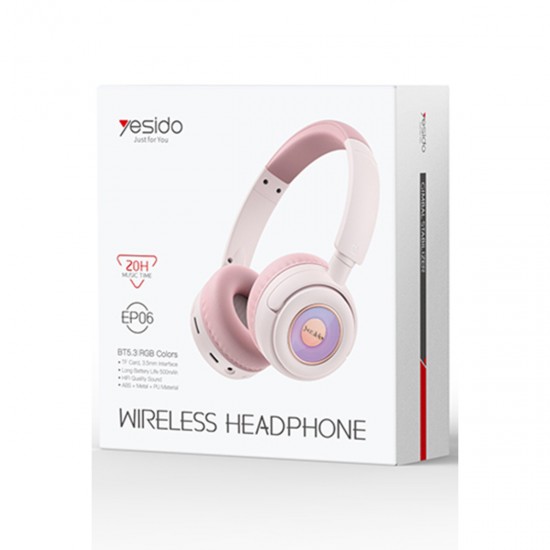 Yesido EP06 Bluetooth 5.3 RGB Işıklı Çocuklar İçin Kablosuz Kulak Üstü Kulaklık (Pembe)