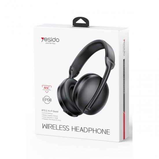 Yesido EP08 Bluetooth 5.3 ANC Aktif Gürültü Engelleyici Kablosuz Kulak Üstü Kulaklık (Siyah)
