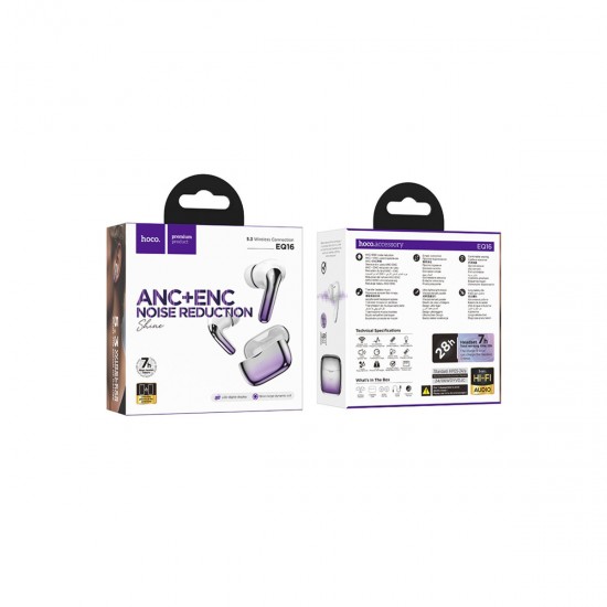 Hoco EQ16 Bluetooth 5.3 ANC + ENC Aktif Gürültü Engelleyici TWS Kulaklık (Mor)
