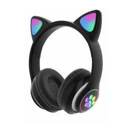 Cat Stn-28 Pro Sevimli Kedi Kulaklı LED Işıklı Katlanabilir Kablosuz Kulaküstü Bluetooth Kulaklık (Siyah)