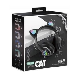 Cat Stn-28 Pro Sevimli Kedi Kulaklı LED Işıklı Katlanabilir Kablosuz Kulaküstü Bluetooth Kulaklık (Siyah)