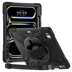 iPad Pro 13 2024 Uyumlu Defender Standlı Zırhlı Silikon Tablet Kılıfı (Siyah)