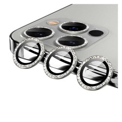 iPhone 12 Pro Max Uyumlu Kristal Taşlı Kamera Lens Koruyucu (Gri)