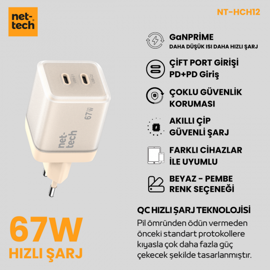 Nettech NT-HCH12 PD+QC GaNPrime 67W Şarj Aleti (Pembe)