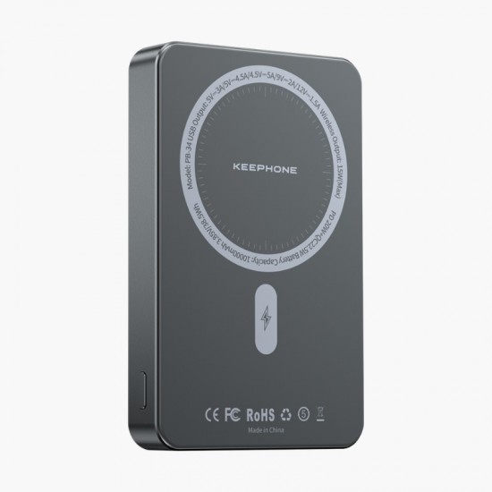 Keephone PB34 Lucci 10.000 mAh 20W Type-C 22.5W USB QC 15W Kablosuz Şarj PD Magsafe Powerbank (Koyu Gri)