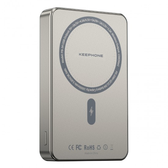 Keephone PB34 Lucci 10.000 mAh 20W Type-C 22.5W USB QC 15W Kablosuz Şarj PD Magsafe Powerbank (Titanyum)