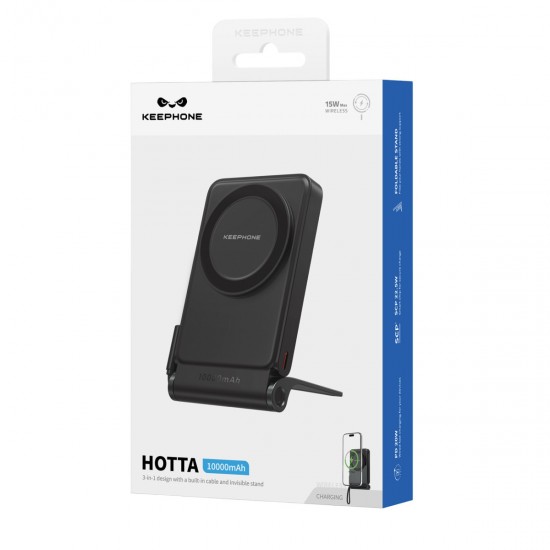 Keephone PB45 Hotta 10.000 mAh 22.5W Dahili Type-C Kablolu 15W Kablosuz Şarj Destekli Standlı PD Magsafe Powerbank (Beyaz)