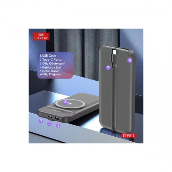 Earldom PD13 10.000 mAh Kablosuz Şarjlı PD Hızlı Şarj Powerbank (Siyah)