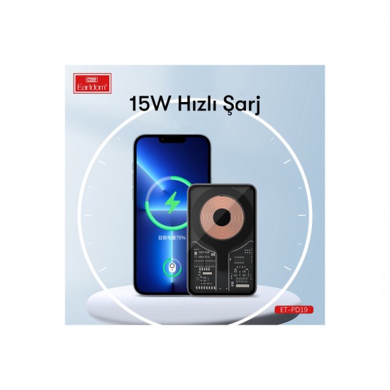 Earldom PD19 5.000 mAh Kablosuz Şarjlı Standlı PD Hızlı Şarj Powerbank (Siyah)