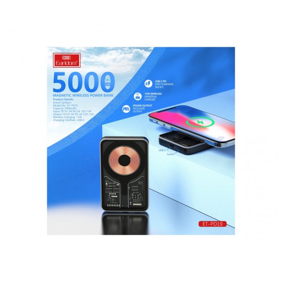 Earldom PD19 5.000 mAh Kablosuz Şarjlı Standlı PD Hızlı Şarj Powerbank (Siyah)